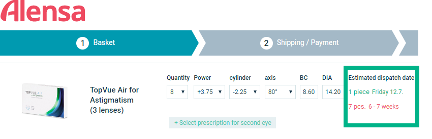 Alensa non-stock products delivery times basket